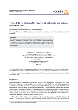 Te Reo O Te Tai Tokerau: the Need for Consolidation and National Implementation