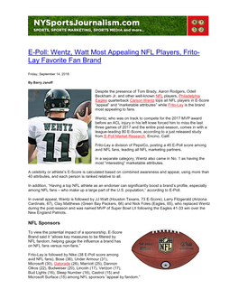 Wentz, Watt Most Appealing NFL Players, Frito-Lay Favorite Fan Brand