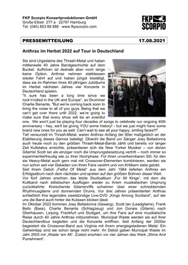 PRESSEMITTEILUNG 17.08.2021 Anthrax Im Herbst 2022 Auf Tour In