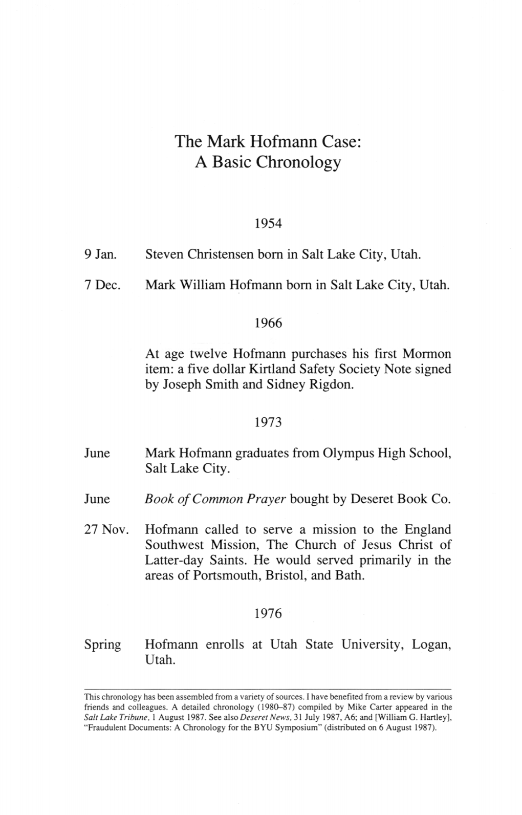 The Mark Hofmann Case a Basic Chronology