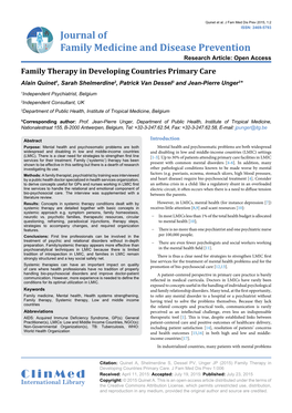 Family Therapy in Developing Countries Primary Care Alain Quinet1, Sarah Shelmerdine2, Patrick Van Dessel3 and Jean-Pierre Unger3*