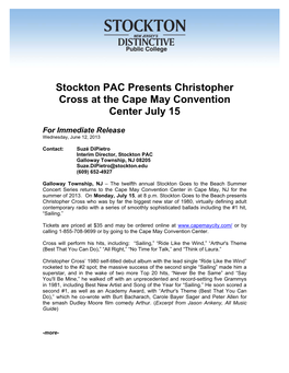Stockton PAC Presents Christopher Cross at the Cape May Convention Center July 15