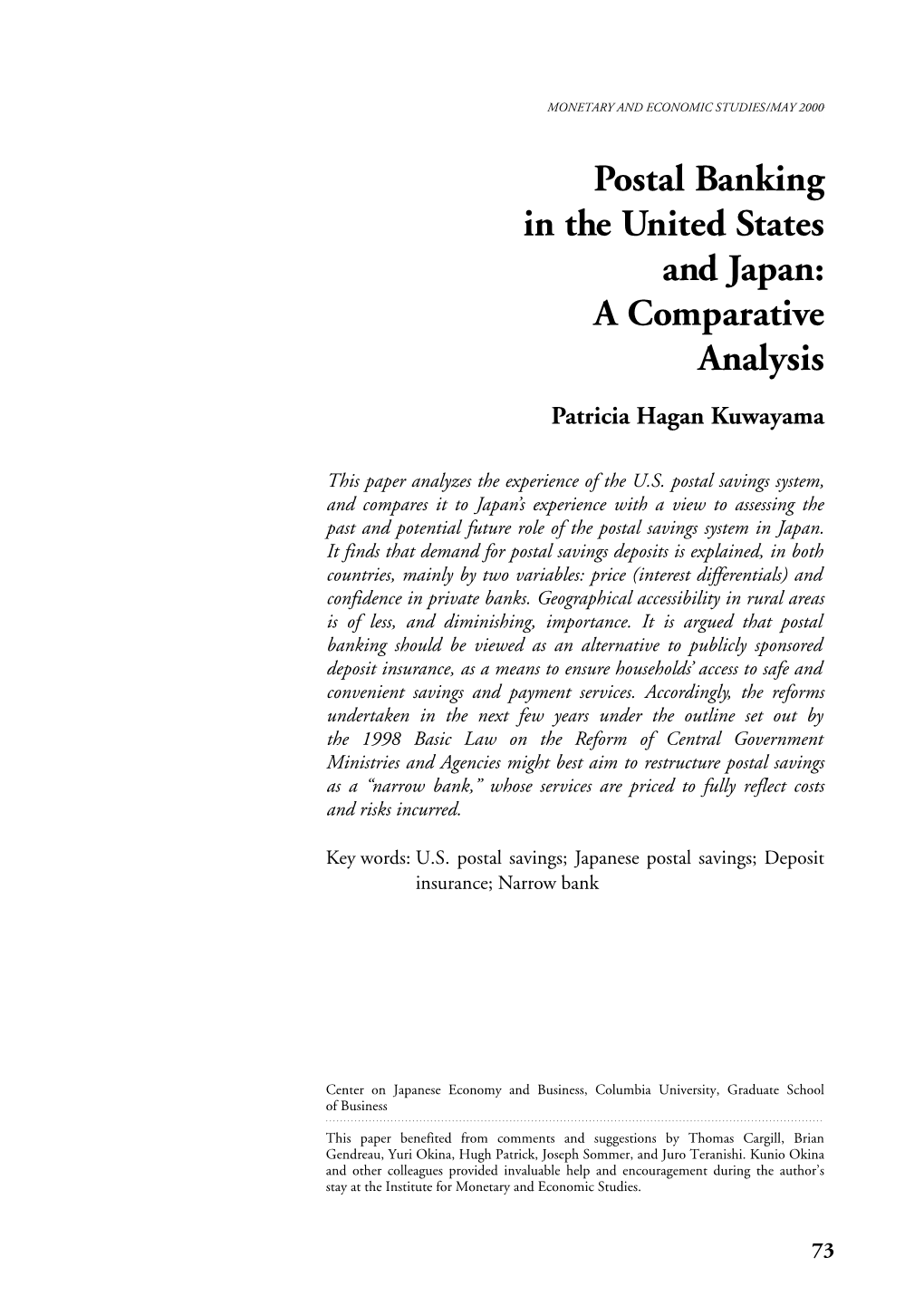Postal Banking in the United States and Japan: a Comparative Analysis