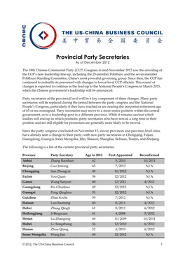 Provincial Party Secretaries As of December 2012