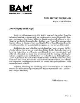 FICTION BOOK CLUB August 2018 Selection Shoe Dog by Phil Knight