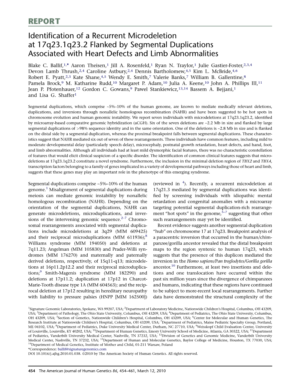 Identification of a Recurrent Microdeletion at 17Q23.1Q23.2