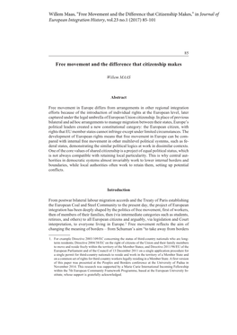 Free Movement and the Difference That Citizenship Makes,” in Journal of European Integration History, Vol.23 No.1 (2017) 85-101