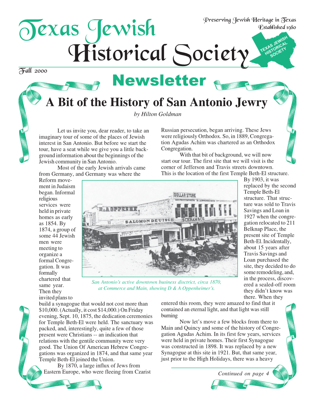 Fall 2000 Newsletter a Bit of the History of San Antonio Jewry by Hilton Goldman
