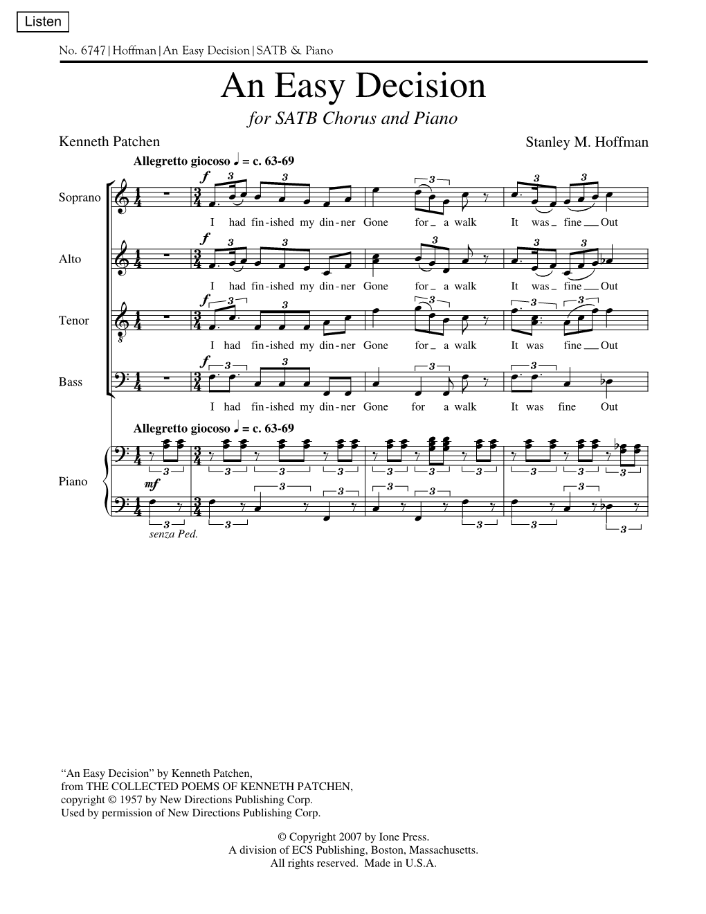 An Easy Decision|SATB & Piano an Easy Decision for SATB Chorus and Piano Kenneth Patchen Stanley M