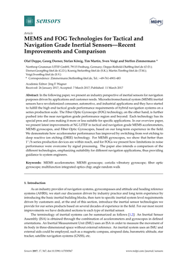 MEMS and FOG Technologies for Tactical and Navigation Grade Inertial Sensors—Recent Improvements and Comparison