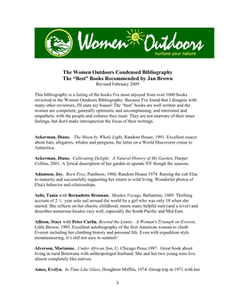 The Women Outdoors Condensed Bibliography the “Best” Books Recommended by Jan Brown Revised February 2009
