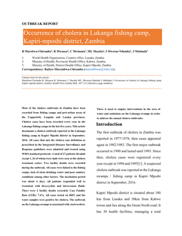 Occurrence of Cholera in Lukanga Fishing Camp, Kapiri-Mposhi District, Zambia