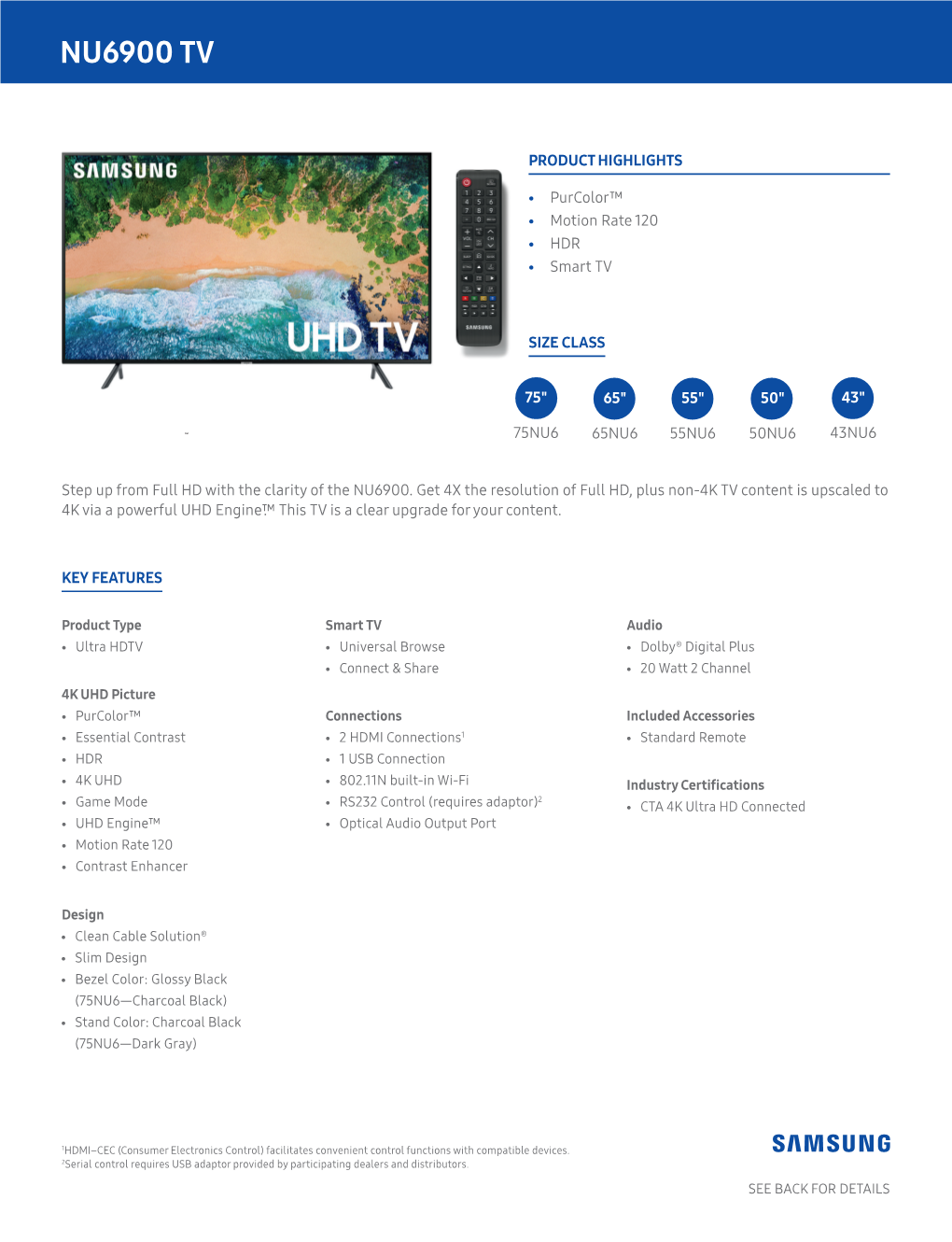 Samsung 55" 4K UHD LED Smart TV UN55NU6900 Specs