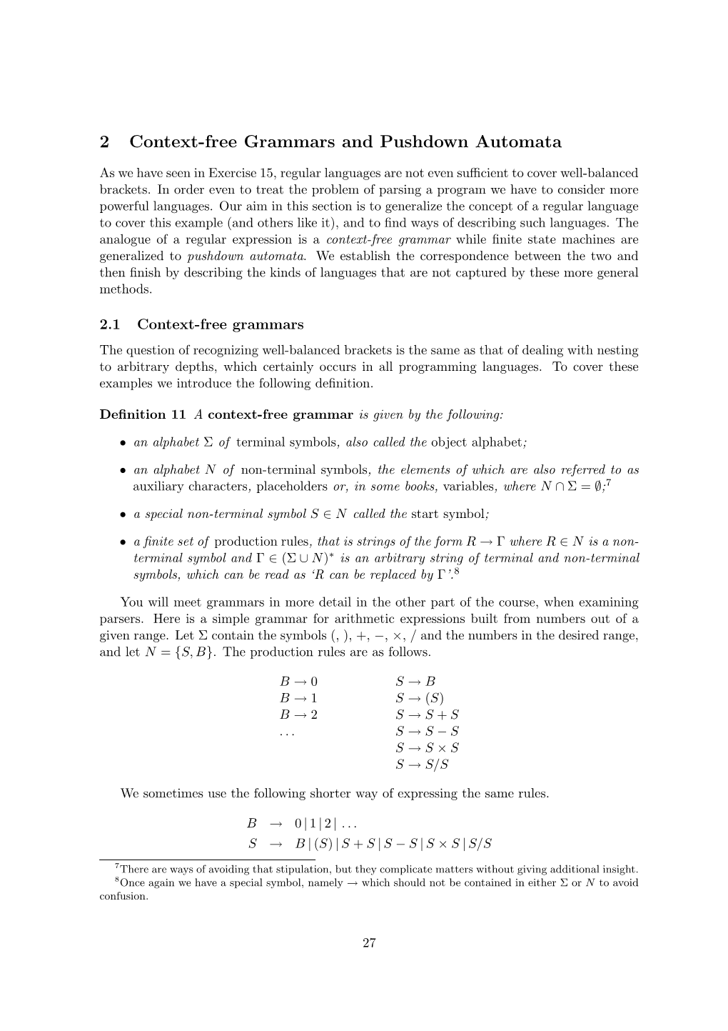 2 Context-Free Grammars and Pushdown Automata