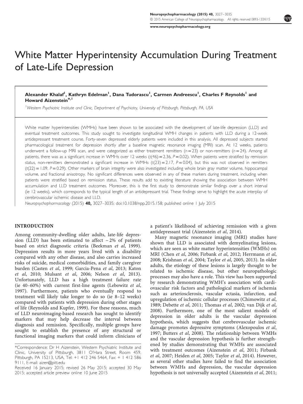 White Matter Hyperintensity Accumulation During Treatment of Late-Life Depression