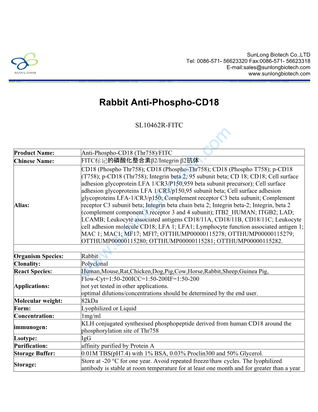 Rabbit Anti-Phospho-CD18-SL10462R-FITC