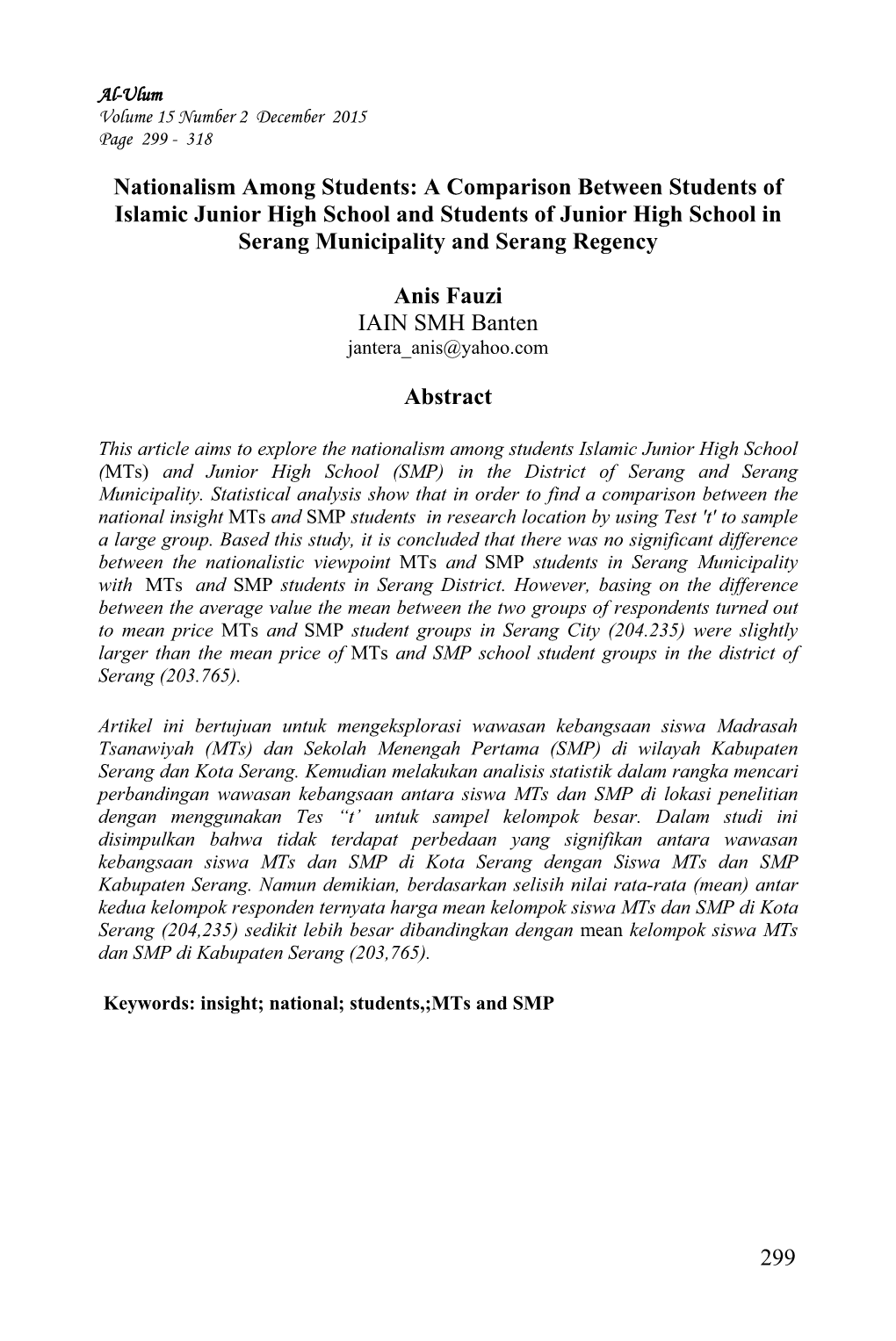 Nationalism Among Students: a Comparison Between Students of Islamic Junior High School and Students of Junior High School in Serang Municipality and Serang Regency