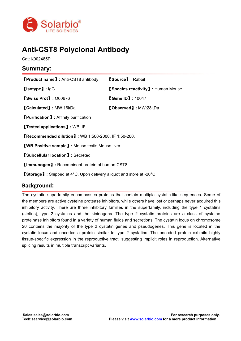 Anti-CST8 Polyclonal Antibody Cat: K002485P Summary