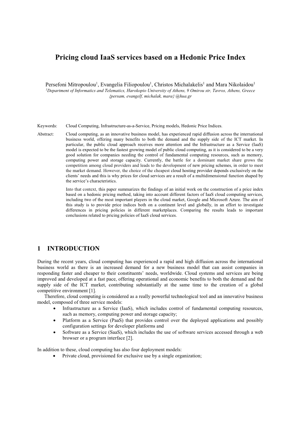 Pricing Cloud Iaas Services Based on a Hedonic Price Index