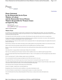 House Statement by the Honourable Kevin Flynn Minister of Labour and the Honourable Teresa Piruzza Minister Responsible for Women's Issues on Equal Pay Day