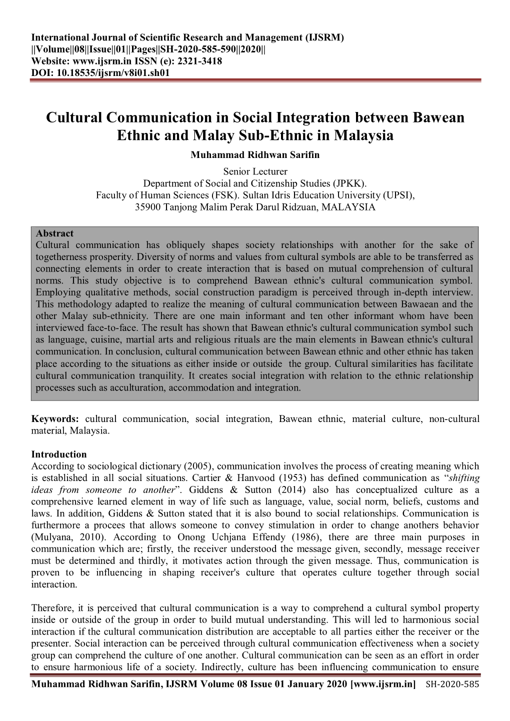 Cultural Communication in Social Integration Between Bawean Ethnic