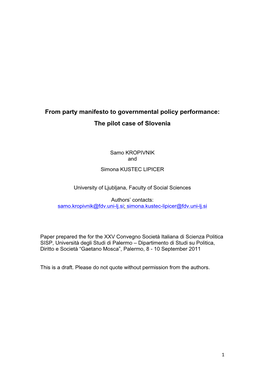 From Party Manifesto to Governmental Policy Performance: the Pilot Case of Slovenia
