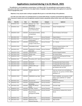 Applications Received During 1 to 31 March, 2021