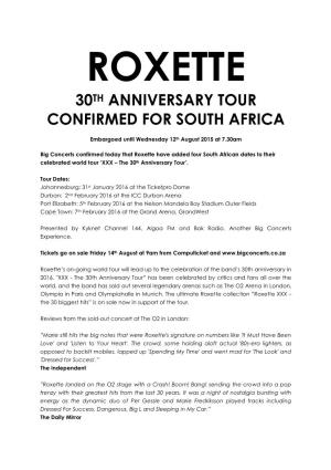 30Th Anniversary Tour Confirmed for South Africa