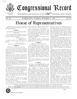 Congressional Record United States Th of America PROCEEDINGS and DEBATES of the 106 CONGRESS, FIRST SESSION