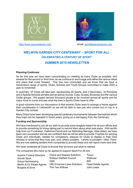 Welwyn Garden City Centenary – Sport for All Celebrating a Century of Sport Summer 2019 Newsletter