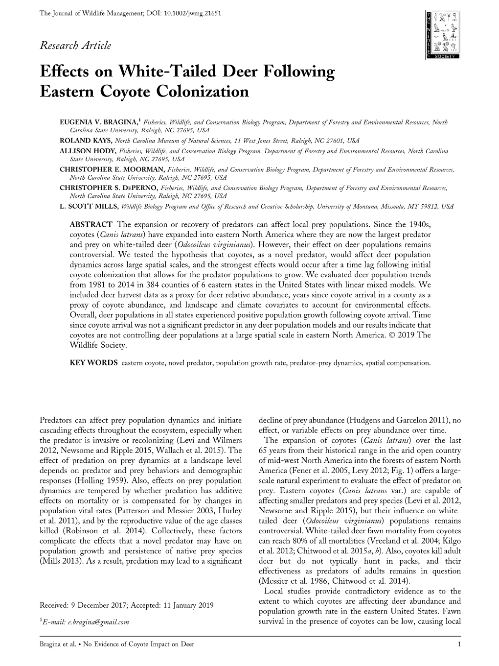 Effects on White-Tailed Deer Following Eastern Coyote Colonization