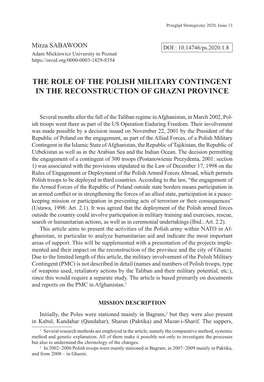 The Role of the Polish Military Contingent in the Reconstruction of Ghazni Province