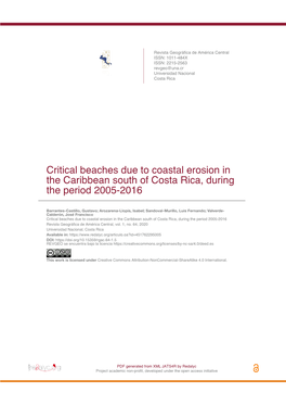 Critical Beaches Due to Coastal Erosion in the Caribbean South of Costa Rica, During the Period 2005-2016