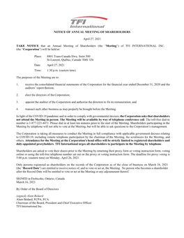 NOTICE of ANNUAL MEETING of SHAREHOLDERS April 27, 2021