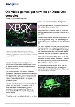 Old Video Games Get New Life on Xbox One Consoles 15 June 2015, by Glenn Chapman