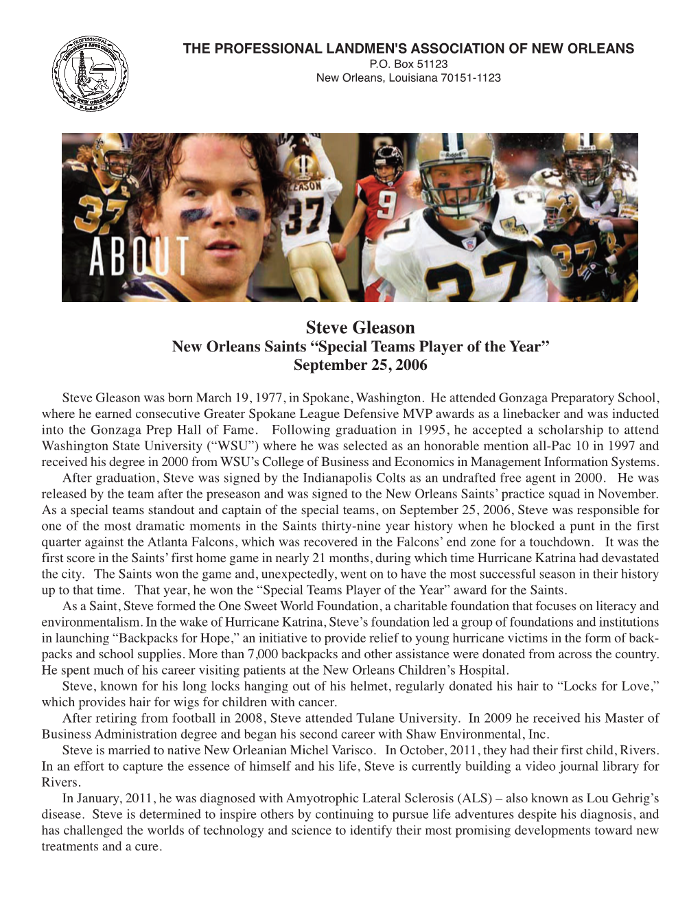 Steve Gleason New Orleans Saints “Special Teams Player of the Year” September 25, 2006