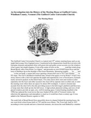An Investigation Into the History of the Meeting House at Guilford Center, Windham County, Vermont (The Guilford Center Universalist Church)