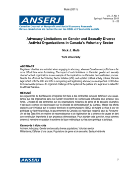 Advocacy Limitations on Gender and Sexually Diverse Activist Organizations in Canada’S Voluntary Sector