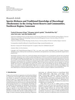 Species Richness and Traditional Knowledge of Macrofungi (Mushrooms) in the Awing Forest Reserve and Communities, Northwest Region, Cameroon