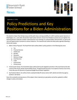 Policy Predictions and Key Positions for a Biden Administration
