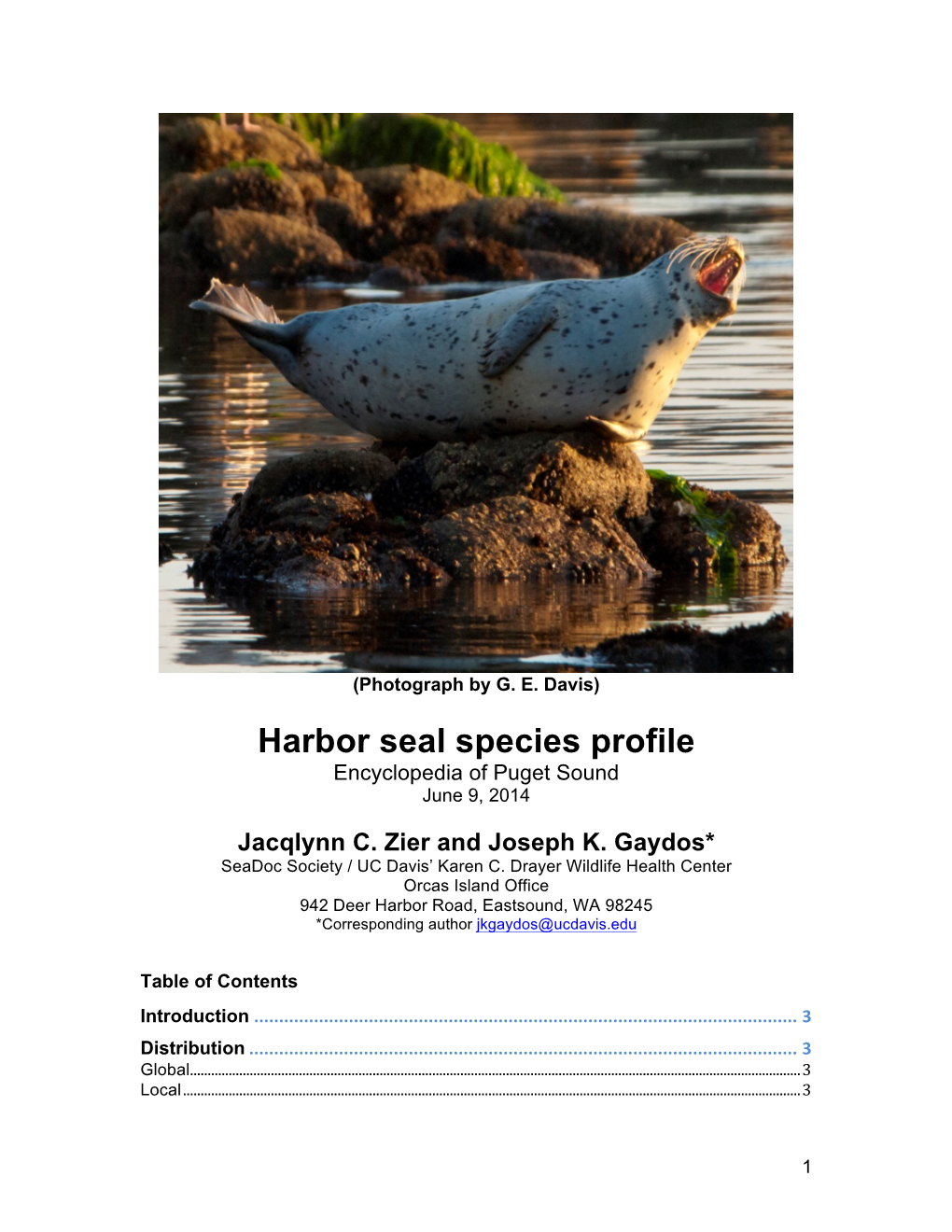 Harbor Seal Species Profile Encyclopedia of Puget Sound June 9, 2014