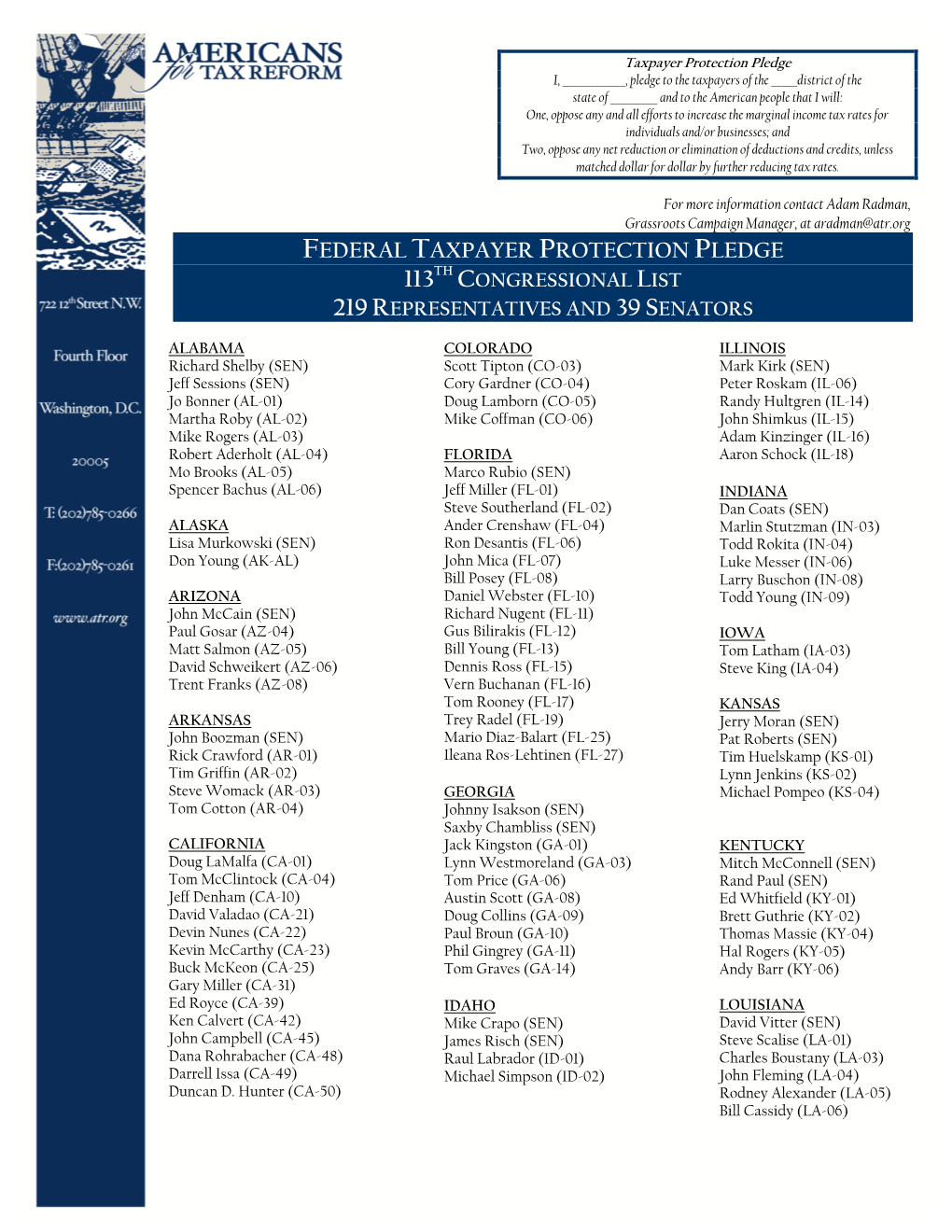 Congressional List 219 Representatives and 39 Senators
