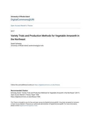 Variety Trials and Production Methods for Vegetable Amaranth in the Northeast