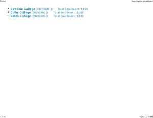 A Bowdoin College (00203800 )| Total Enrollment: 1,824 B Colby College (00203900 )| Total Enrollment: 2,000 C Bates College (00203600 )| Total Enrollment: 1,832