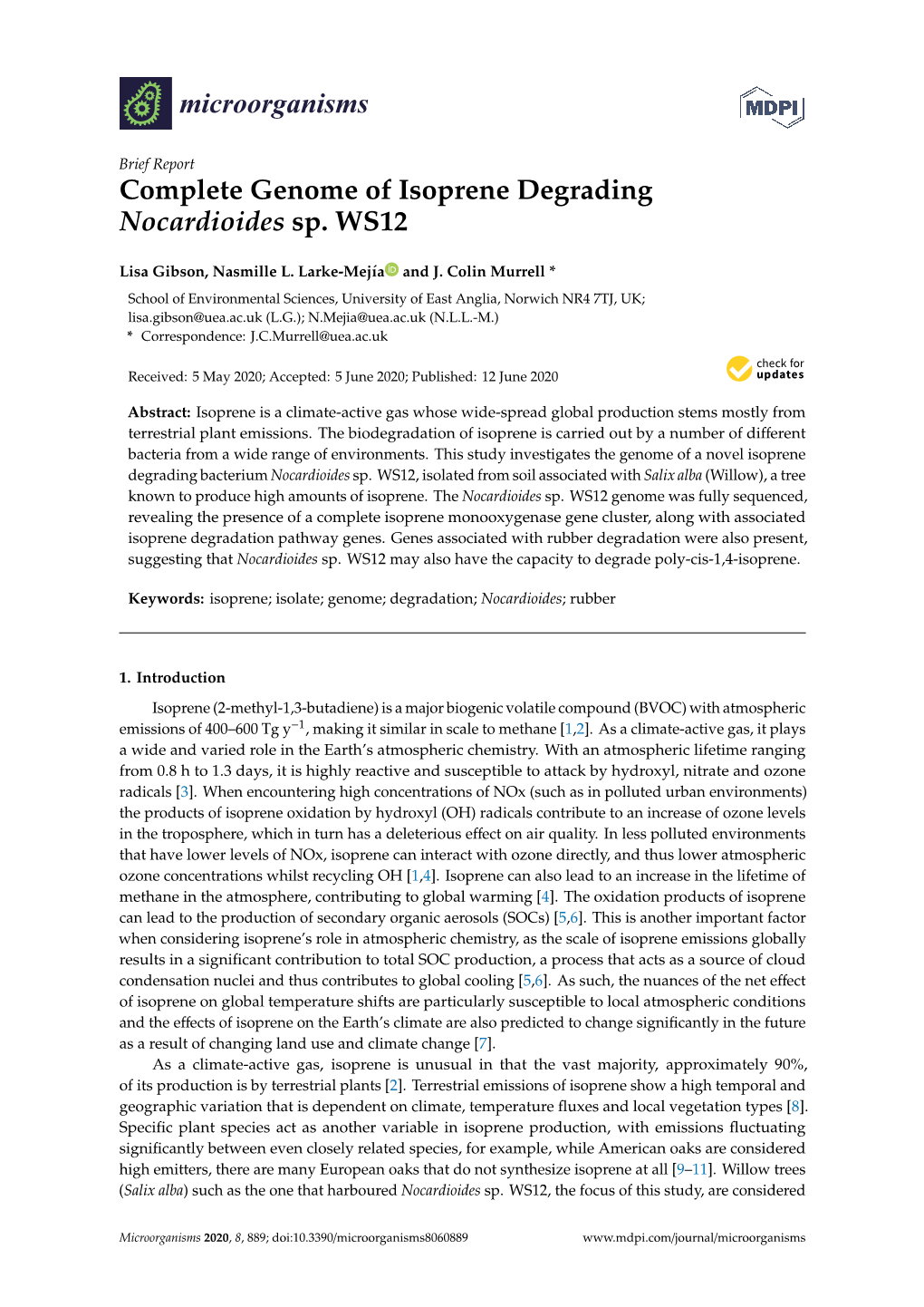 Complete Genome of Isoprene Degrading Nocardioides Sp. WS12