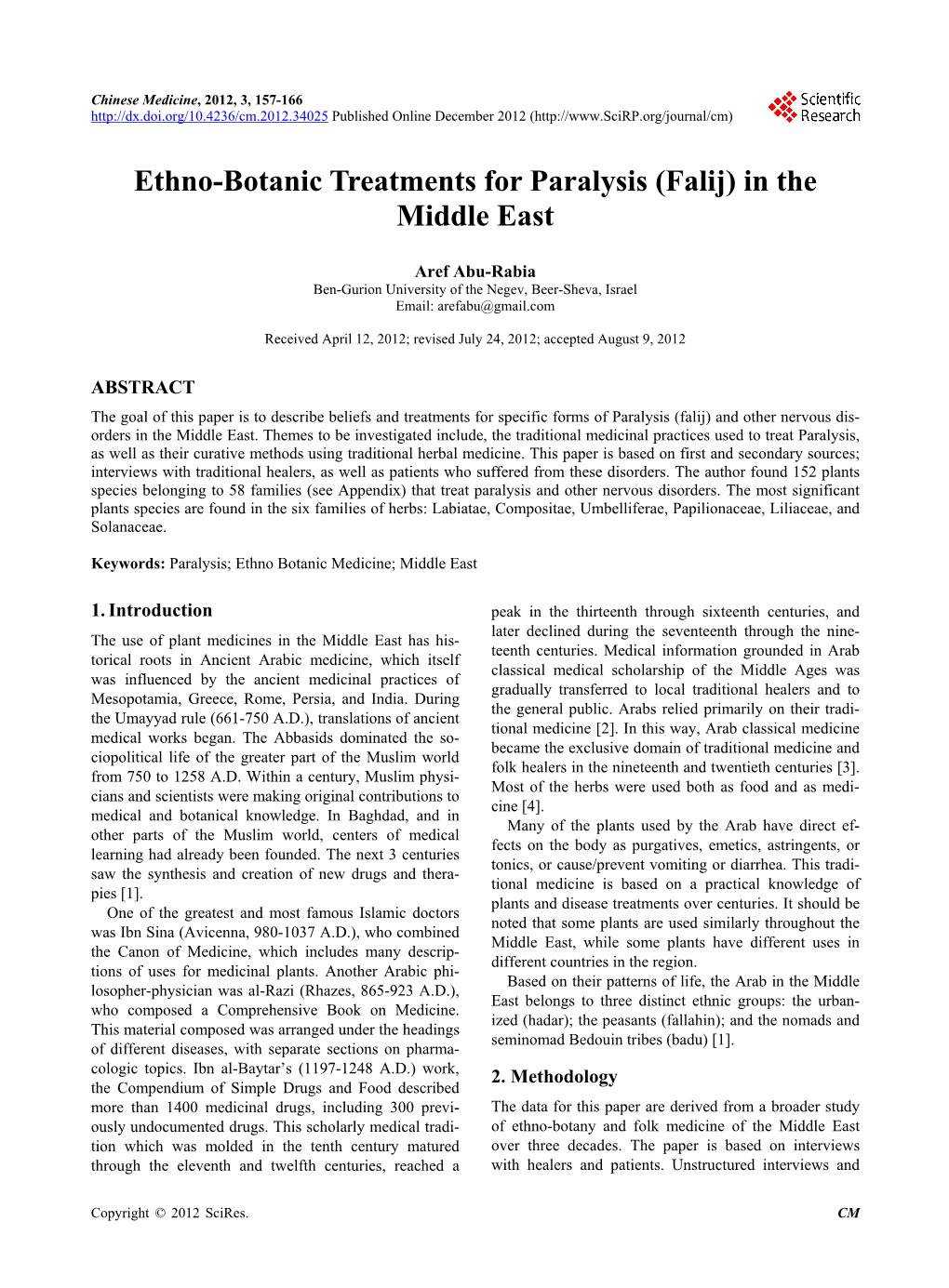 Ethno-Botanic Treatments for Paralysis (Falij) in the Middle East
