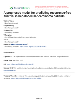 A Prognostic Model for Predicting Recurrence-Free Survival in Hepatocellular Carcinoma Patients