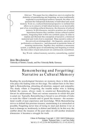 Remembering and Forgetting: Narrative As Cultural Memory
