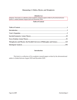 Politics, Physics, and Metaphysics Huhnkie Lee Table of Content