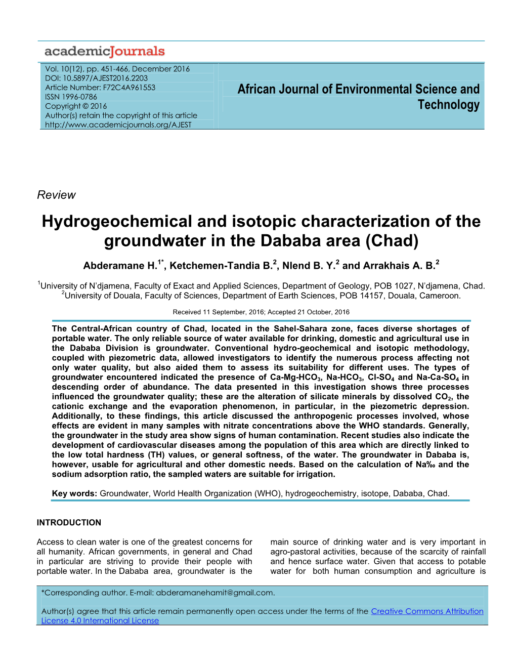 Hydrogeochemical and Isotopic Characterization of the Groundwater in the Dababa Area (Chad)